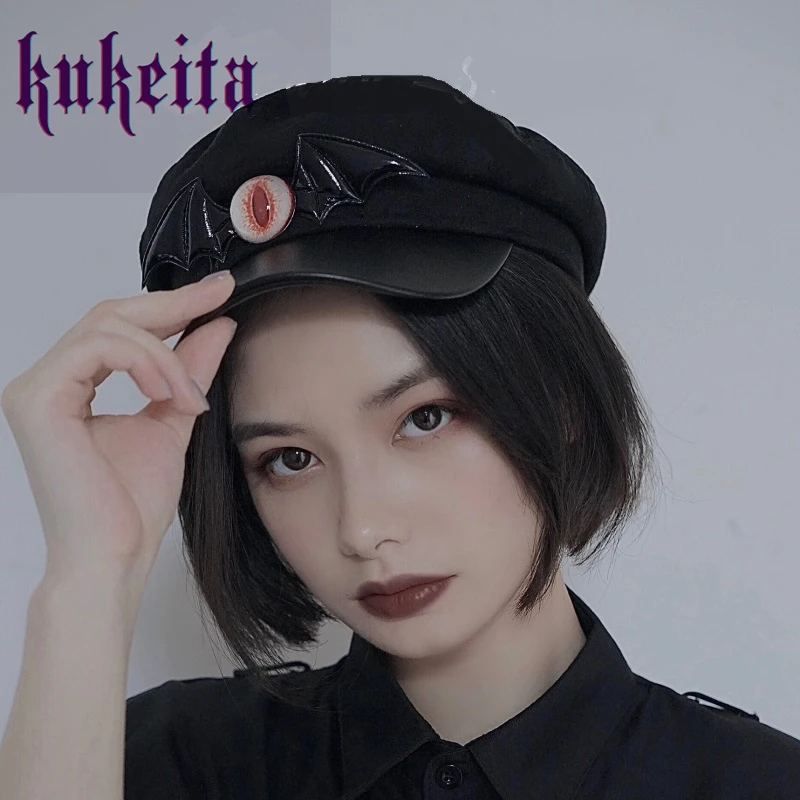 

Gothic Devil Eye Bat Wing Black Beret Hats Harajuku Casual Vintage Newsboy Painter Hats Women Girls
