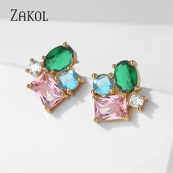 ZAKOL Fashion Mutilcolor Geometry Cubic Zirconia Stud Earrings for Women Exquisite Girls Elegant Engagement Jewelry EP5442