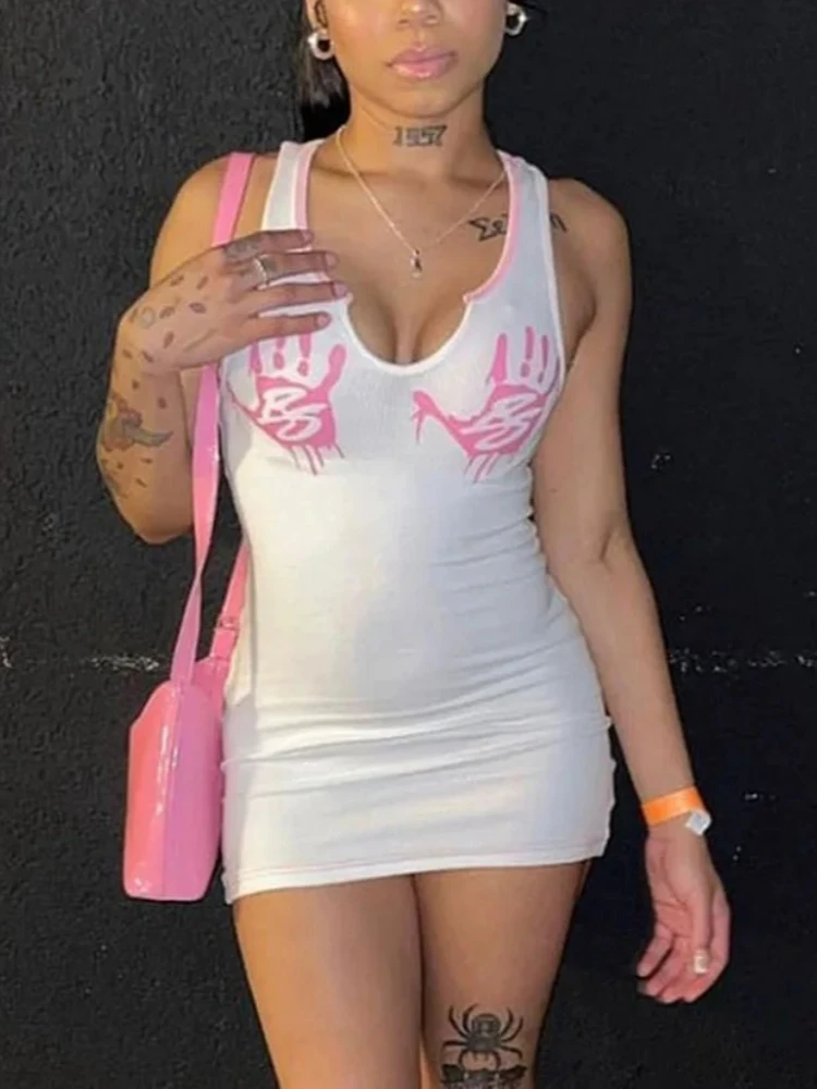 

Palm Printed Mini Dress For Women Clothing Club Outfit V-neck Vestidos De Mujer Sleeveless One Piece Y2k Clothes Sexy Streetwear