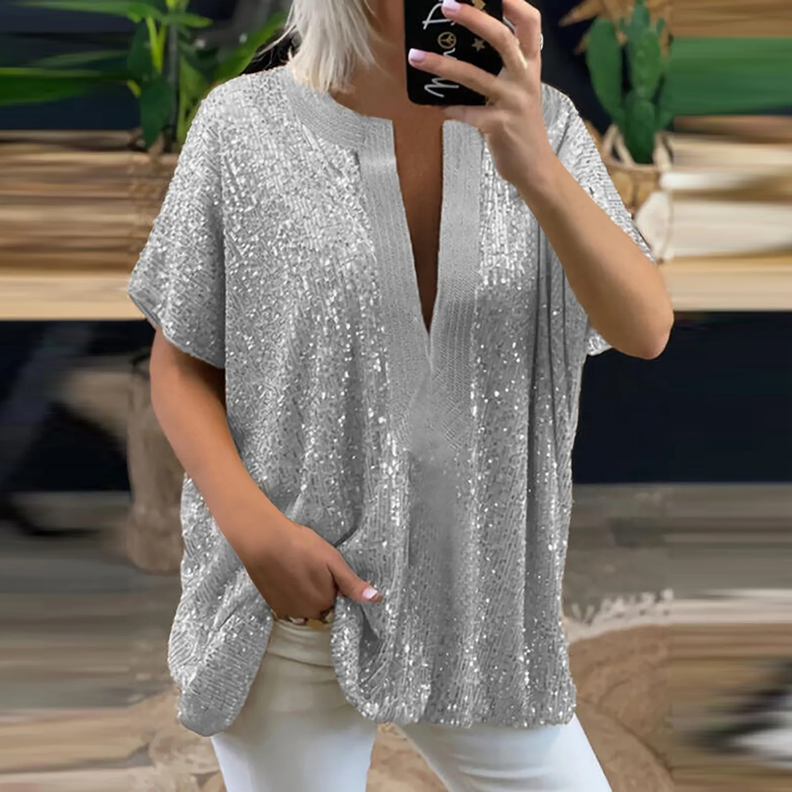 

Women Summer Sequined T-Shirt Casual Loose V Neck Short Sleeved Blouse Urban Female Sexy Solid T Shirt Elegant Women Clothing