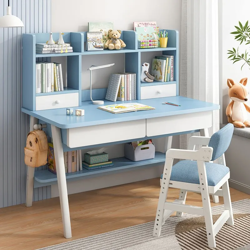 Study desk, solid wooden legs, desk, bookshelf, integrated desk, primary school student household writing desk, girl desk