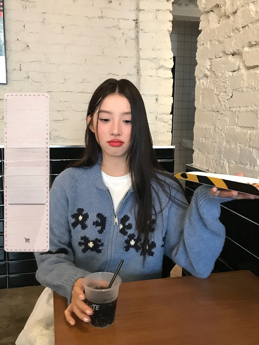 

Sinbounboun, осенне-зимний новый женский вязаный свитер Lazy Sle, пальто с двойной молнией, цветочный дизайн, повседневный свободный крой