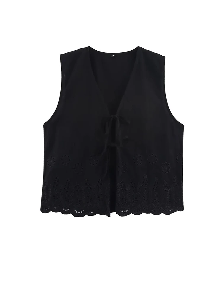 

Летние блузки с v-образным вырезом и цветочной вышивкой, женские топы без рукавов на шнуровке