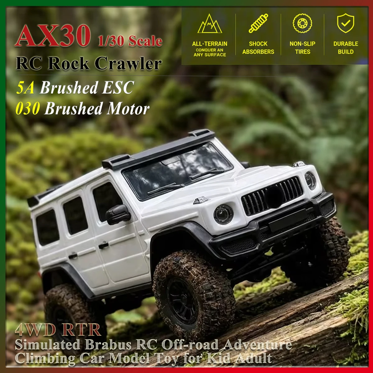 AX30 1/30 Scale RC Rock Crawler 4WD RTR Simulated Brabus Remote Control Off-road Adventure Climbing Car Model Toy for Kid Adult