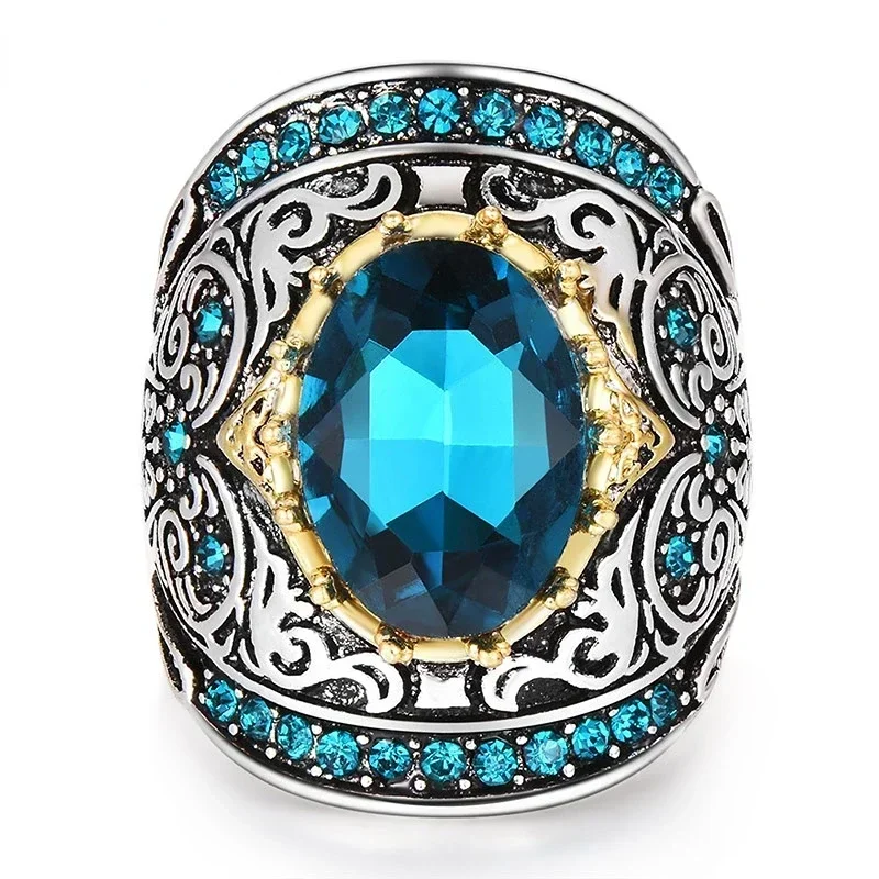 European and American Style Party Jewelry Aquamarine Women's Ring Huge Oval Gem Hyperbola Design Size 6-10  Gift