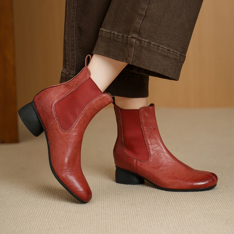 Women Natural Crinkle Washed Top Grain Sheepskin Chelsea Boots Round Toe Low Heel Ankle Boots Vintage Genuine Leather Size 34-40