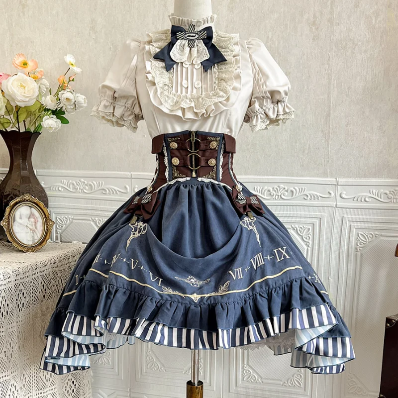 

Vintage Gothic Lolita Dress Set Women Sweet Princess Puff Sleeve Shirt Girdle Skirts 3 Piece Set Punk Halloween Party Outfits