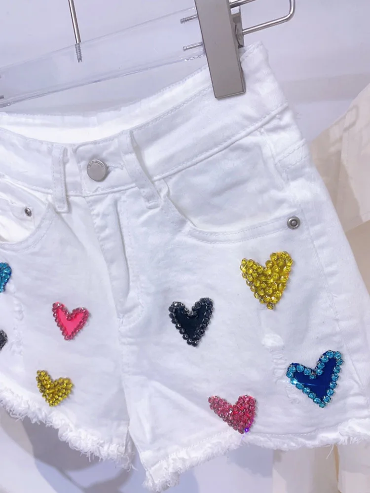 New 2024 New Summer Shorts Women Elastic Comfortable High Waist Color Diamond Hot Girl Slimming White Denim Shorts