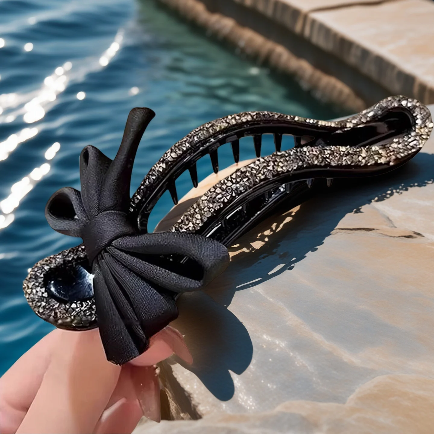 

Classic Black Large Bow Hair Clip Crystal Bowknot Back Head Ponytail Clips Rhinestone Duckbill Clip Sweet DIY Hair Accessories