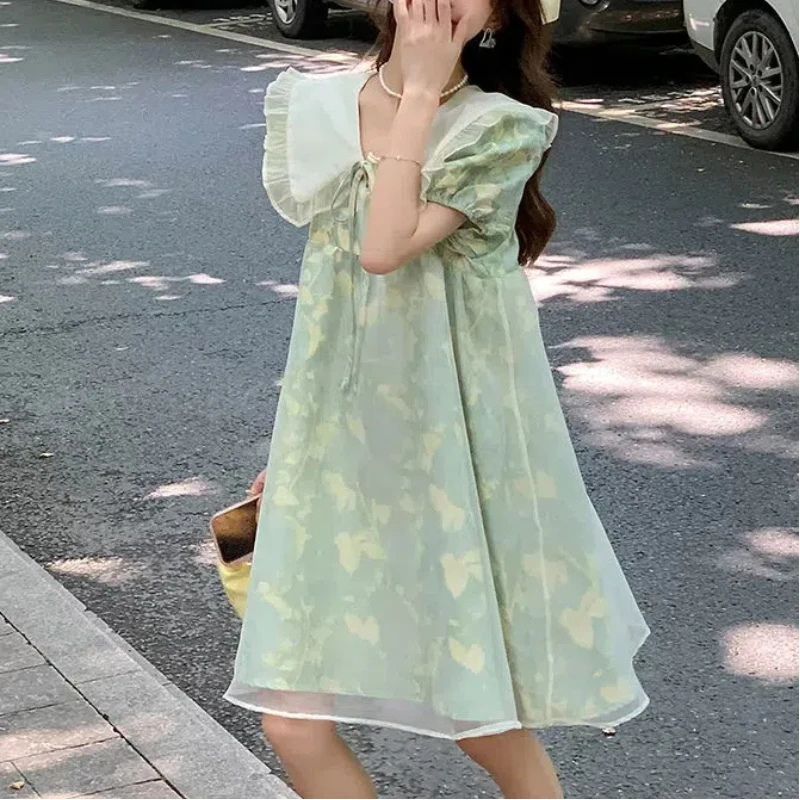 2024 Summer New Women\'s Korean Commute Printed Spliced Peter Pan Collar Drawstring Loose Short Sleeve Sweet Chic A-line Dresses