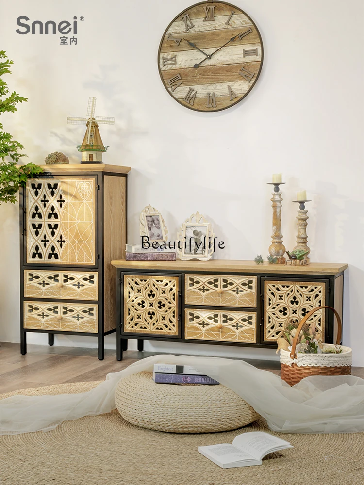 

Retro Hollow Carved Chest of Drawers Living Room Wooden Storage Organizer Hallway Sideboard Cabinet