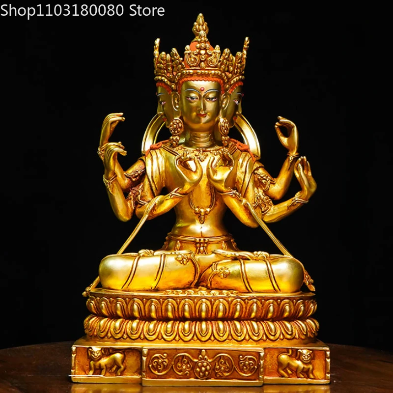 

27cm Copper brass gilt Three heads six arms Acalanatha buddha statue Tibet buddhism sculpture Temple homde decor