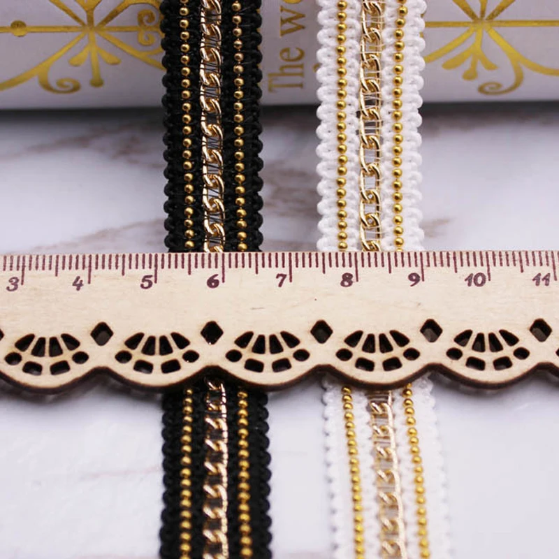 1yard 1.5cm Black Braided Cotton Ribbon Gold Beaded Chain Decorated Lace  Trim DIY Sewing Clothing Headwear Bracelet Accessories