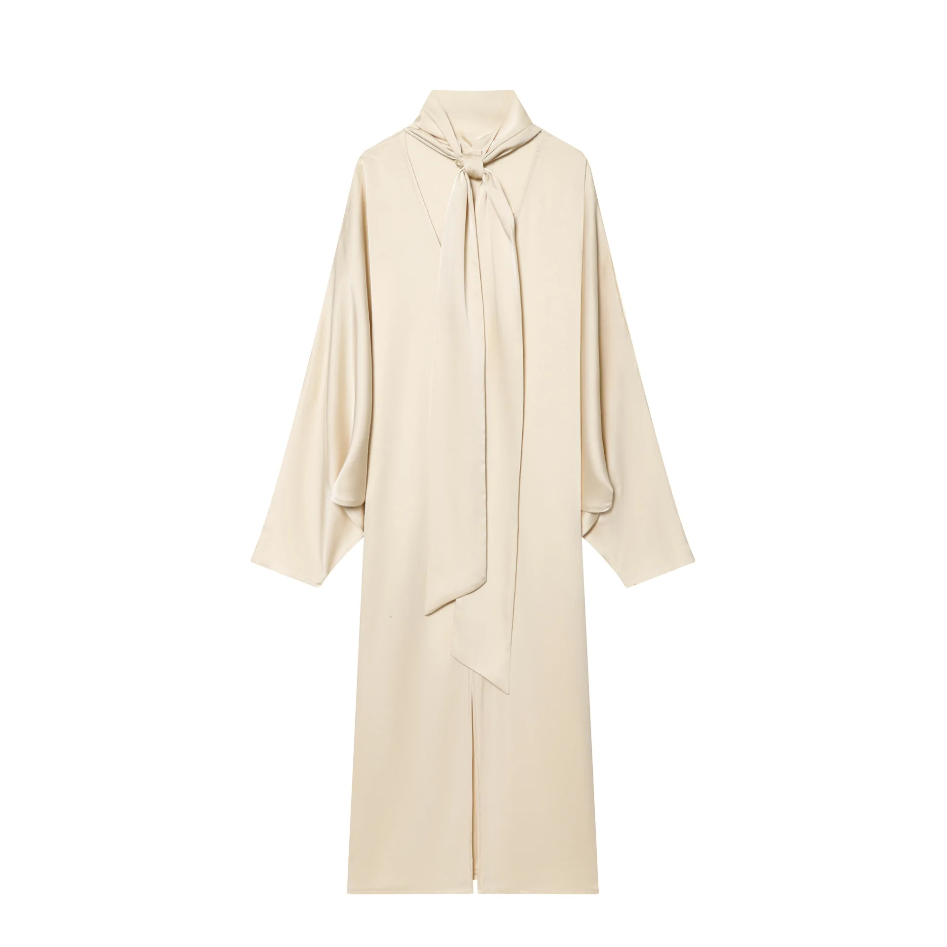 Abito da donna casual elegante Moda invernale Versatile scollo a V Tinta unita Gonna in raso Colletto sciarpa Maniche svasate Sottoveste lunga