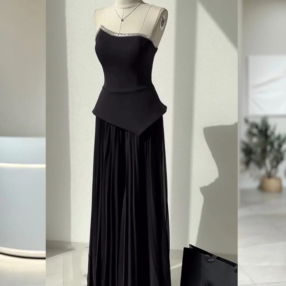 

Customized Classic Jersey Sequined Pleat A-line Strapless Long Dresses Bespoke Occasion Fashion High Quality