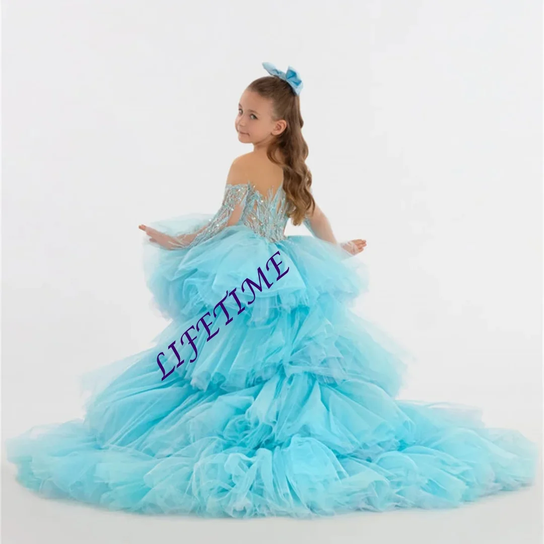 تخصيص زهرة بسيطة طويلة الأكمام ألف خط قطار الاجتياح فستان التواصل الأول طول الأرض أنيقة زهرة فتاة ثوب Cutsomized #1