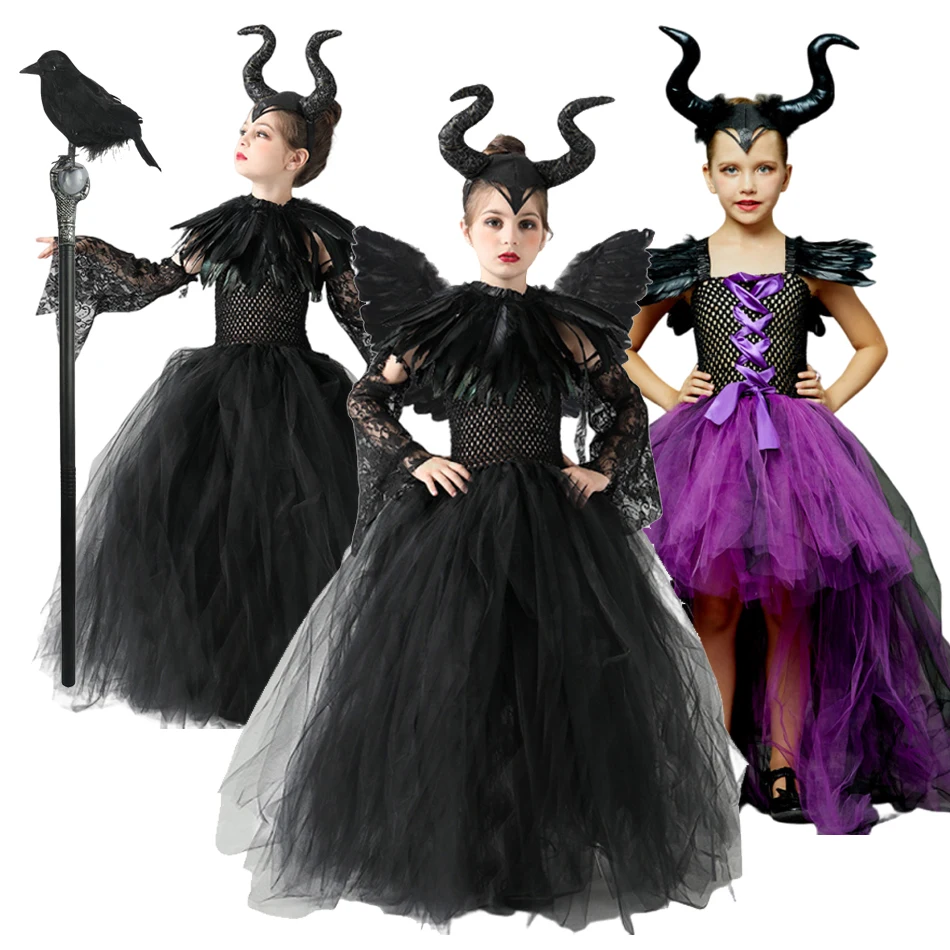 

2025 Maleficent Dark Queen Girl Dress Witch Costume Deluxe Black Glam Carnival Party Kids Halloween Cosplay Clothes
