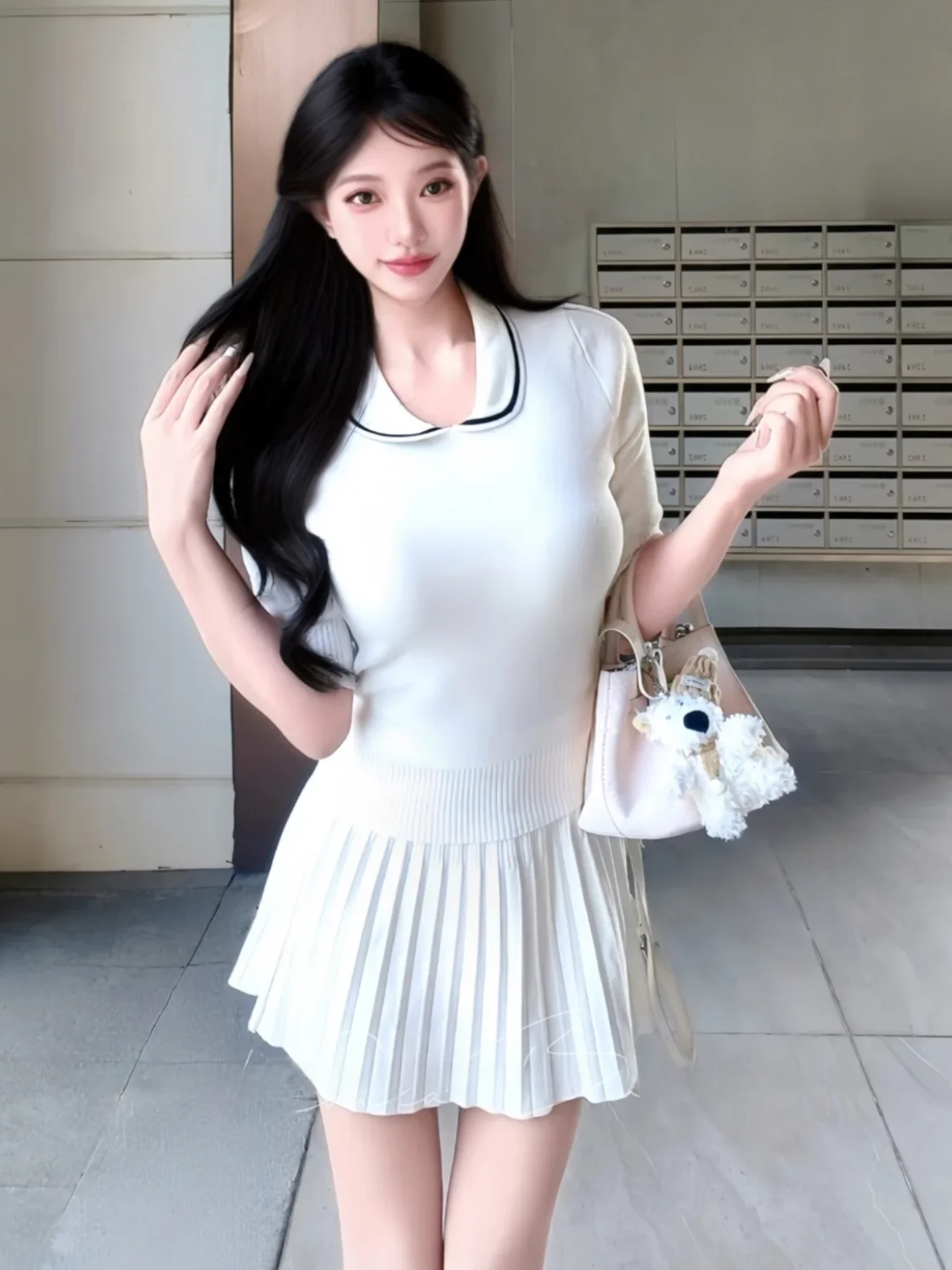 

Pure Love White Flower Two-Piece Set Gentle Elegant School Style Top And Skirt Ensemble Short Sleeve Turn-down Collar Spring ...