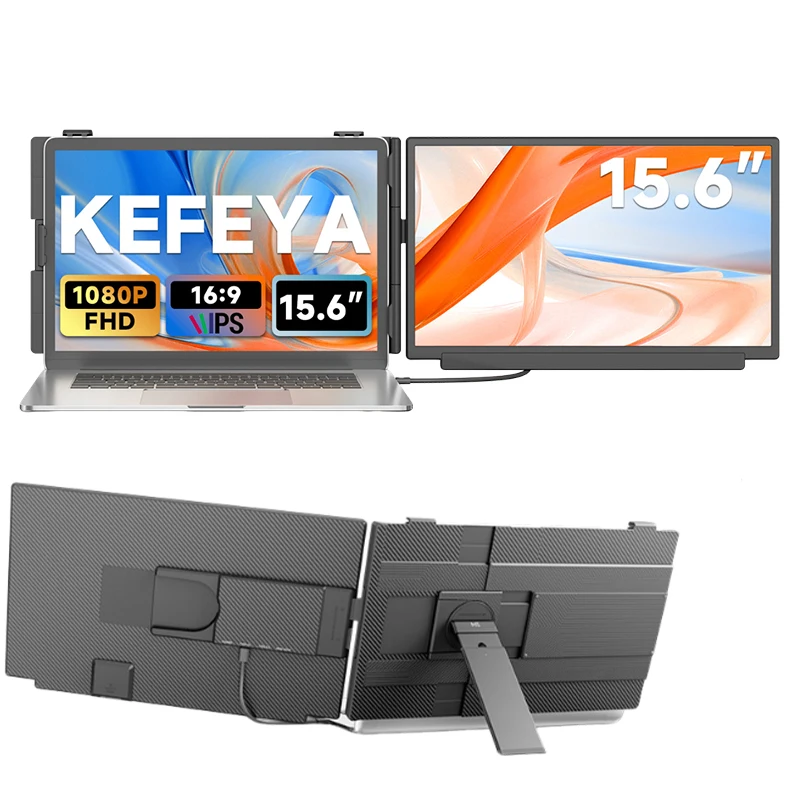 KEFEYA 15,6″ FHD 1080P IPS, afneembaar laptopbeeldscherm, 180 graden draaibaar. ° Draaibare, draagbare dubbele monitor, met één Type-C-kabel, meerdere weergavemodi, compatibel met Windows, macOS,