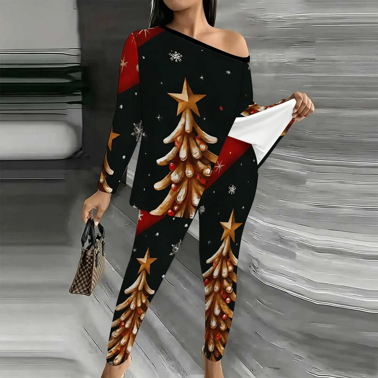 Christmas Jogging Pants Autumn Winter Women's Diagonal Collar Long Sleeved  Printed Two-piece Set Off Shoulder T-shirt