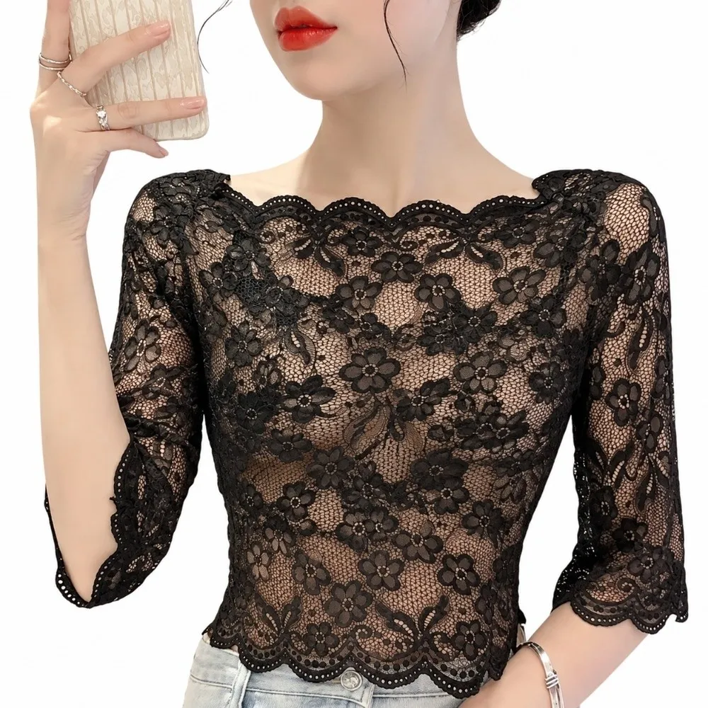 New One-word Collar Women Cropped Tops See-through Embroidery Half Sleeve Blouse Lace Pullover Tops Ladies