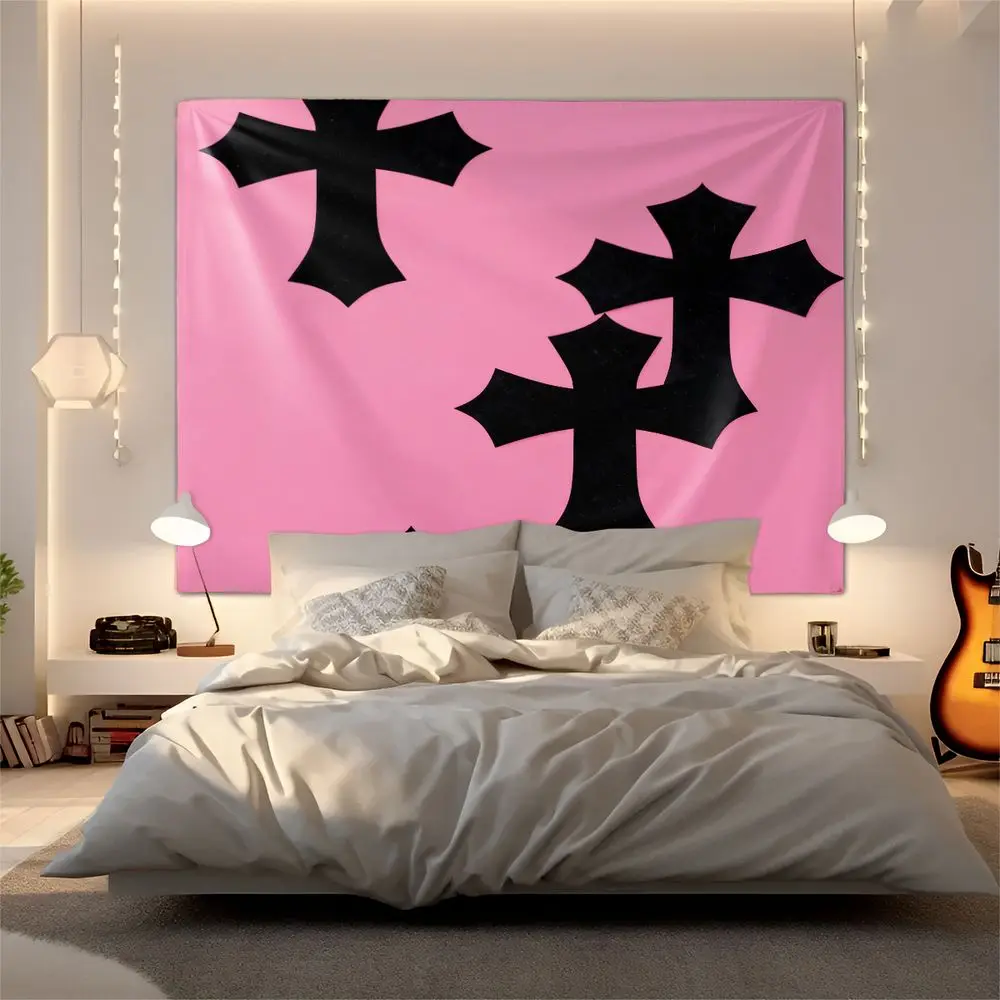 Black Cross Print Tapestry Wall Hanging Aesthetic Pink Wall Tapestry Digital Printed for Bedroom Living Room Decor