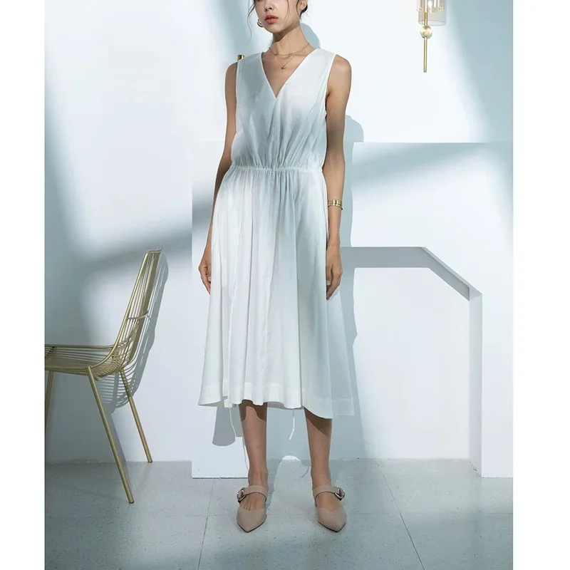 2021 Summer V-neck Loose Casual Drawstring Waist Linen Viscose Mid-length Dress