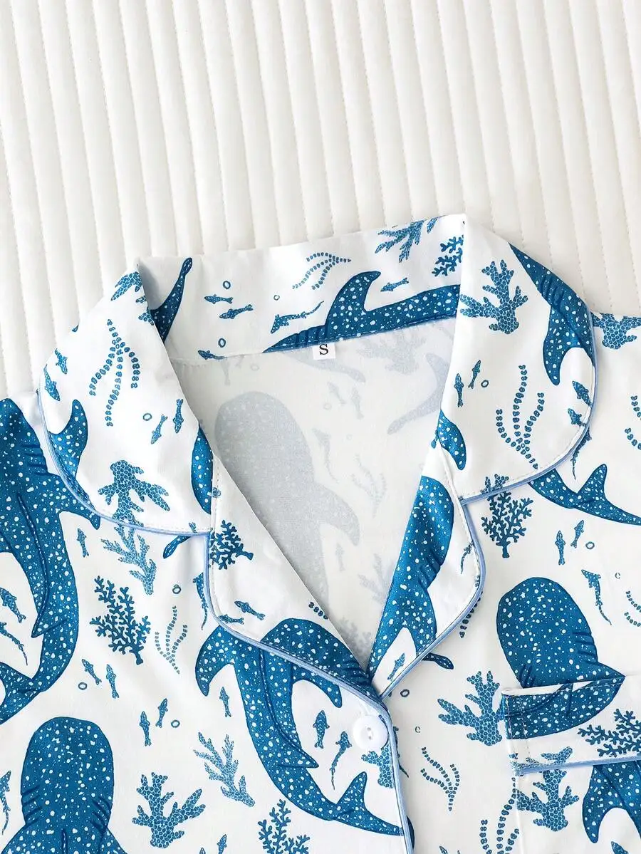 

Whale Shark Ocean Print Women Satin Pajama Set Loose Short Sleeve Top And Shorts Sleepwear