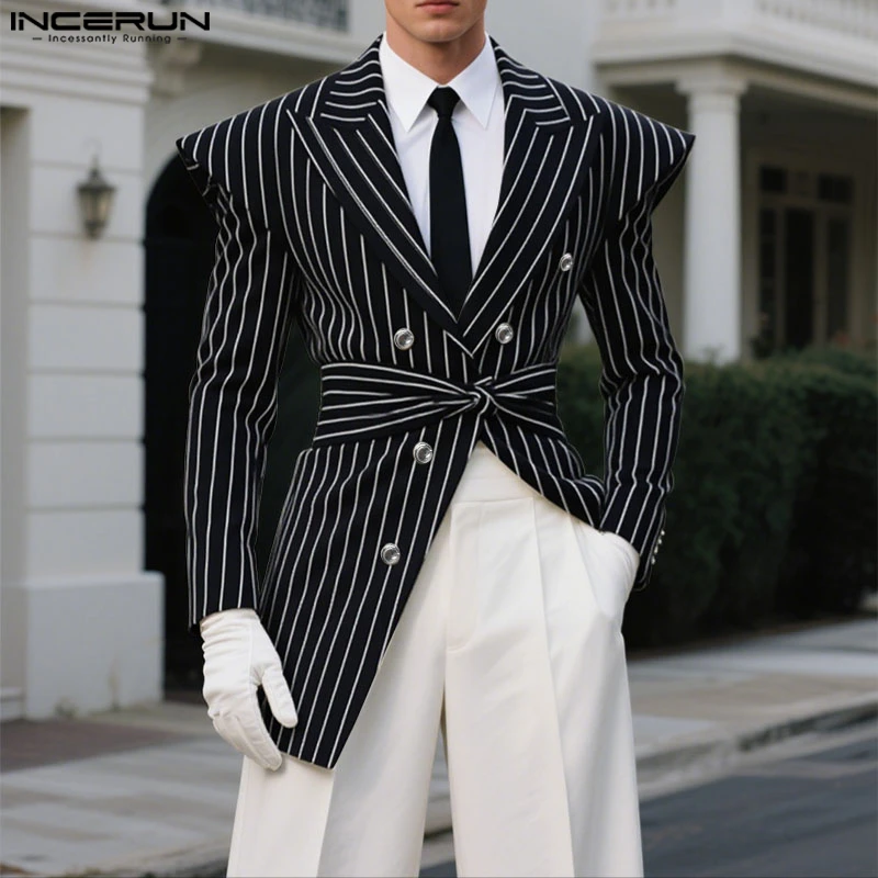 

INCERUN Men Striped Blazer Lapel Long Sleeve Lace Up Casual Male Suit Streetwear Double Breasted Fashion Thin Coats Men S-5XL