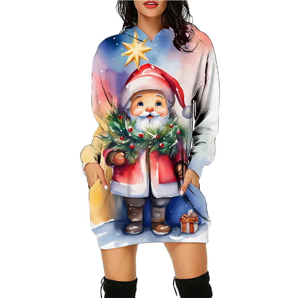 Hot Sale Christmas 3d Printed Hoodie woman Girls Long Sleeve Snowman/santa Claus Casual Sports Adult Thin Tops Dress