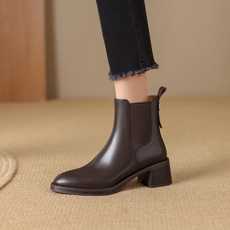 2024 New Autumn Black Women Boots Ankle Boots Genuine Leather Shoes for Women Chelsea Short Boots Chunky Heel Ladies Women Shoes