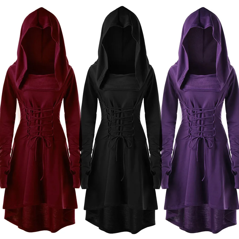 

Medieval Cosplay Renaissance Archer Costumes Hooded Robe Lace Up Pullover Long Hoodie Dress Cloak Halloween Party