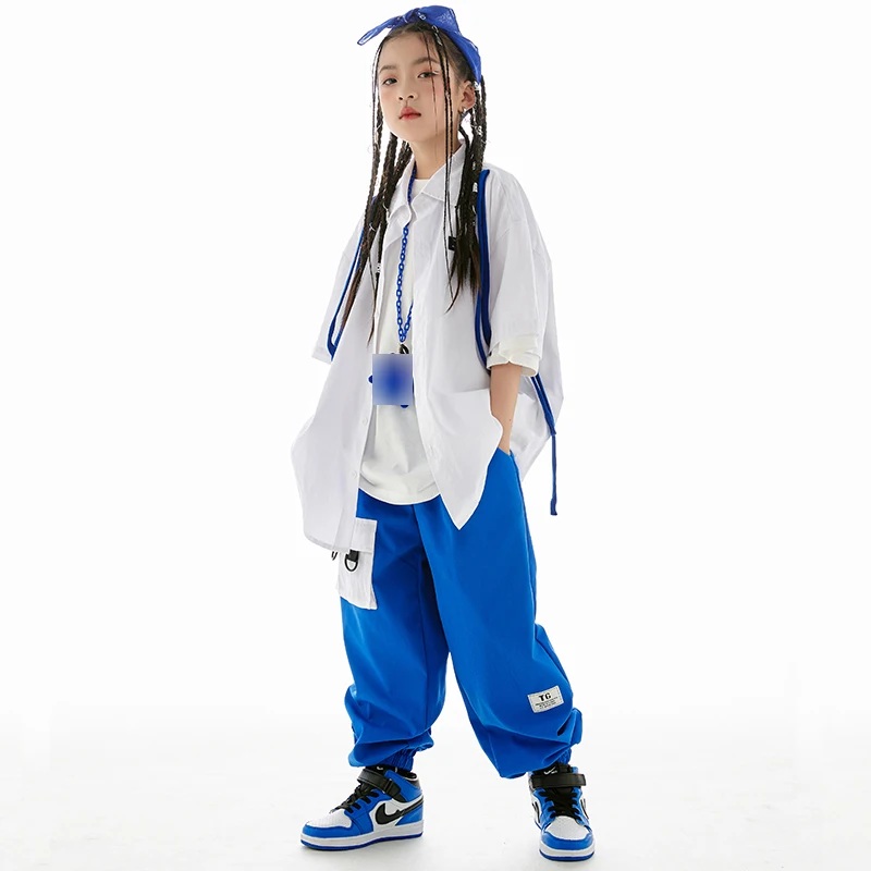 Children Hip Hop Costume Street Dance Outfits Fashion White Shirt Blue Pants Boys Hiphop Performance Clothes Girls Wear BL10892