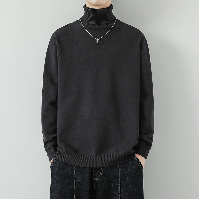 Suéter pulôver masculino de gola alta, cor sólida, estilo básico, fio macio de água, camada base moderna para primavera, outono e inverno