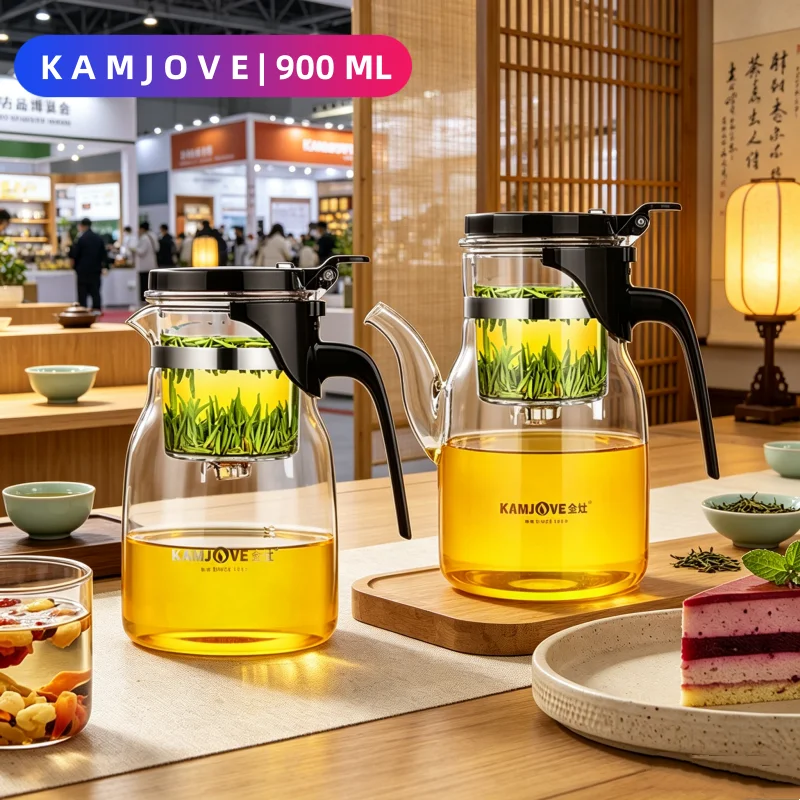 KAMJOVE 900ml V-Shaped&Long-Arc Spout Portable Glass Tea Pot,Heat-Resistant Tea Maker for Office Chinese Gongfu Tea Ceremony Pot