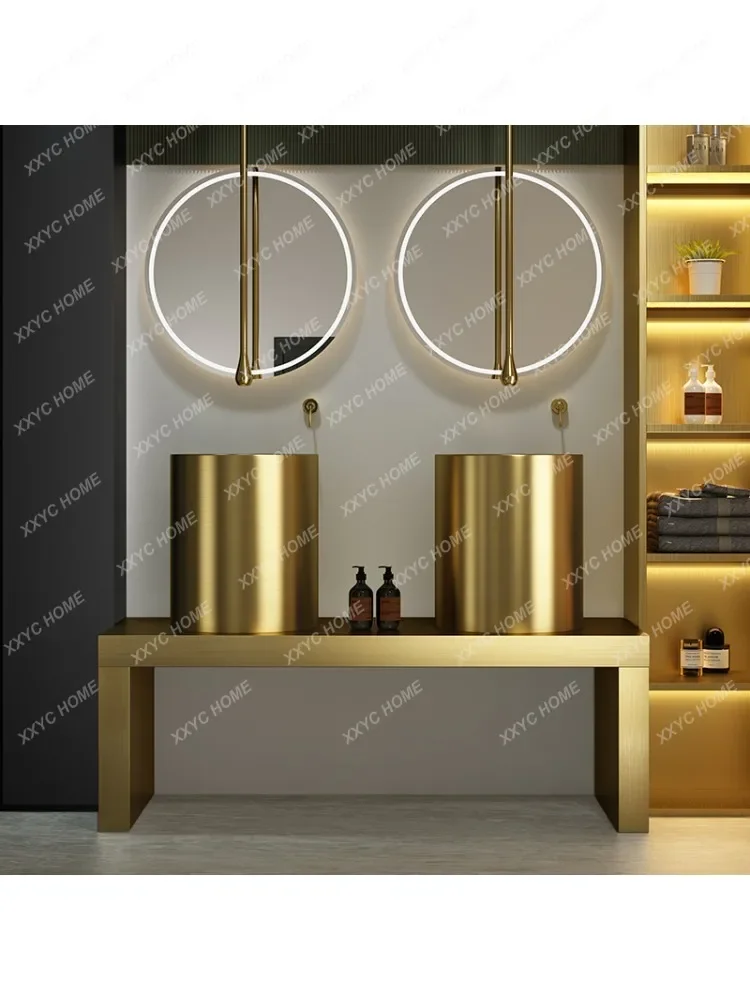 Light Luxury round Golden Stainless Steel Pedestal Basin Creative Floor Integrated Wash Basin Art Basin