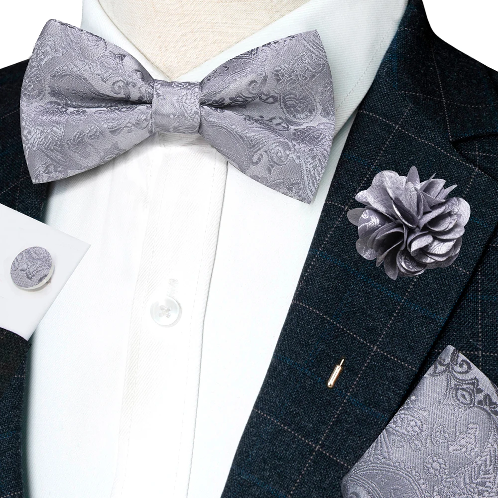 Champagner-Seiden-Jacquard-Paisley-Fliege für Herren, Brosche, Einstecktuch, Manschettenknöpfe-Set, vorgebundene Fliege mit Schmetterlingsknoten für Männer, Hochzeit, Geschäft – Detail 38