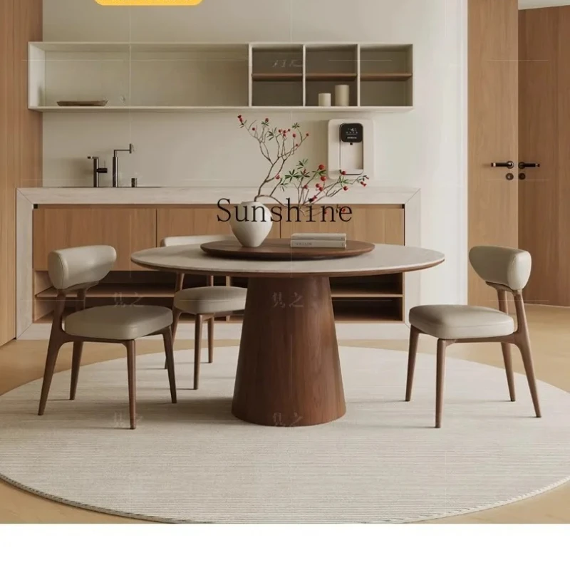 

Travertine slate household small apartment combination high-end round solid wood dining table with turntable