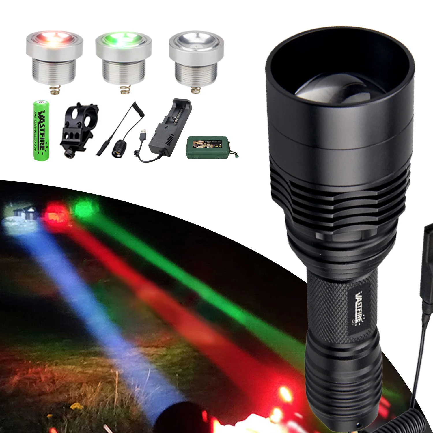 Lanterna Zoomable Ajustável, Tocha Tática, Caça ao ar livre, Camping, Bateria 18650, Verde, Vermelho, Branco, LED, C11, 3 em 1