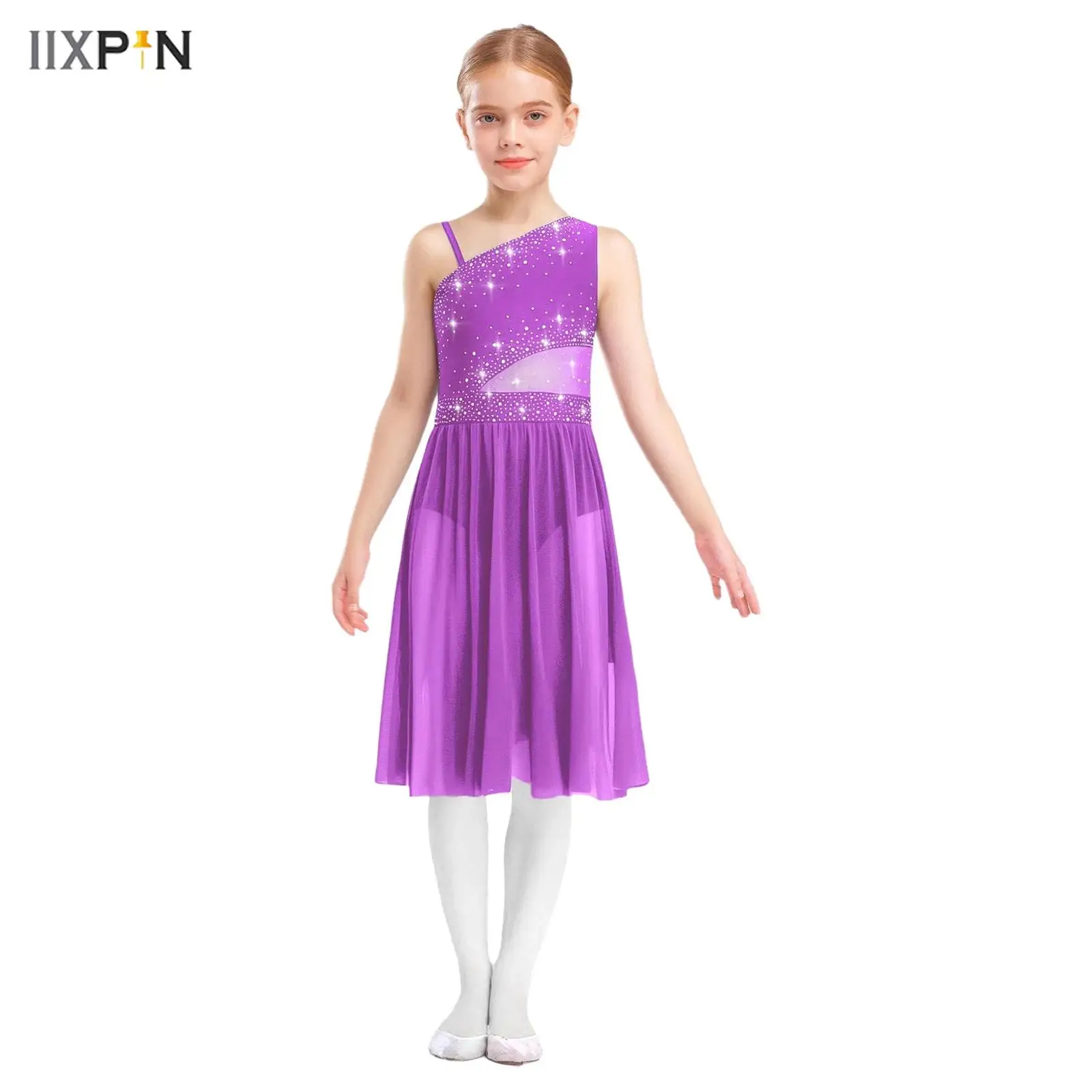 

Kids Girls Lyrical Dance Dress Figure Skating Costume One Shoulder Sleeveless Mesh Leotard Dress Gymnastics Ballet Dancewear