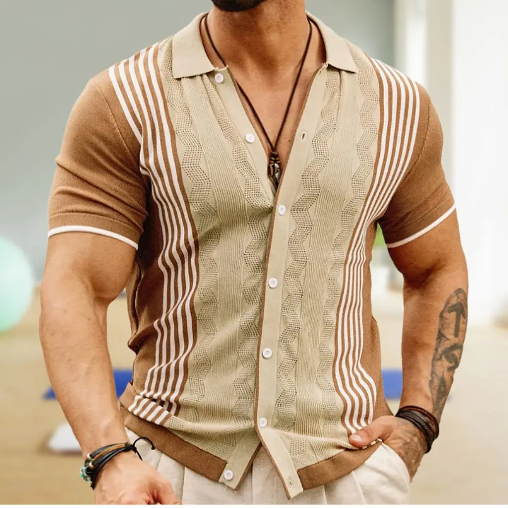 Men's Vintage Stripe Knit Polo Shirts Short Sleeve Stylish Button Down Cardigan Sweater Summer Men's Casual Outfit Comfortable T