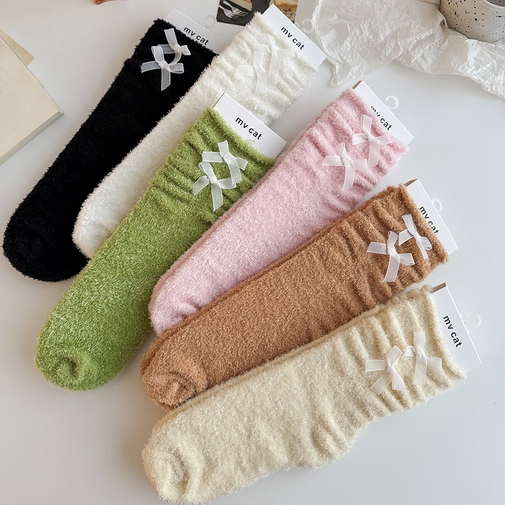 

5/6/12 PCS Plush Socks Woman Bowknot Decor Warm Floor Socks Solid Color Mid-calf Sock Winter 6 Colors Set