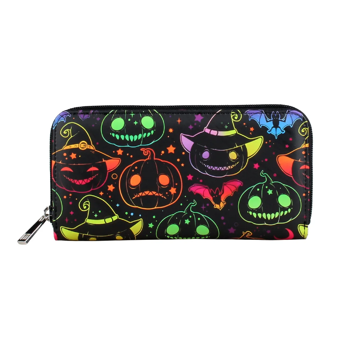 Halloween Pumpkin Print Long Wallet Zipper Around Credit Card Holder Women's Clutch Purse & Card Organizer