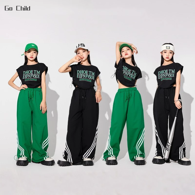 

Girls Hip Hop Crop Top Cool Green Joggers Pants Clothes Sets Children T-shirt Streetwear Kids Teens Jazz Street Dance Costumes