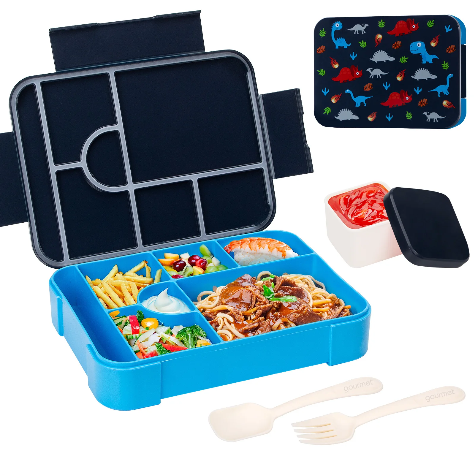 Portable Printed Separated Lunch Box for Kids Students Bento Fruit Salad Container Microwave Safe