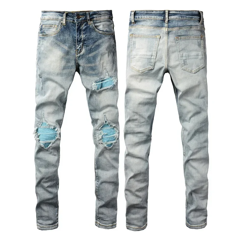 Pop High Street European And American Streetwear. New Men's Eye-catching Blue Patched Slim-fit Jeans With Holes For 2024.