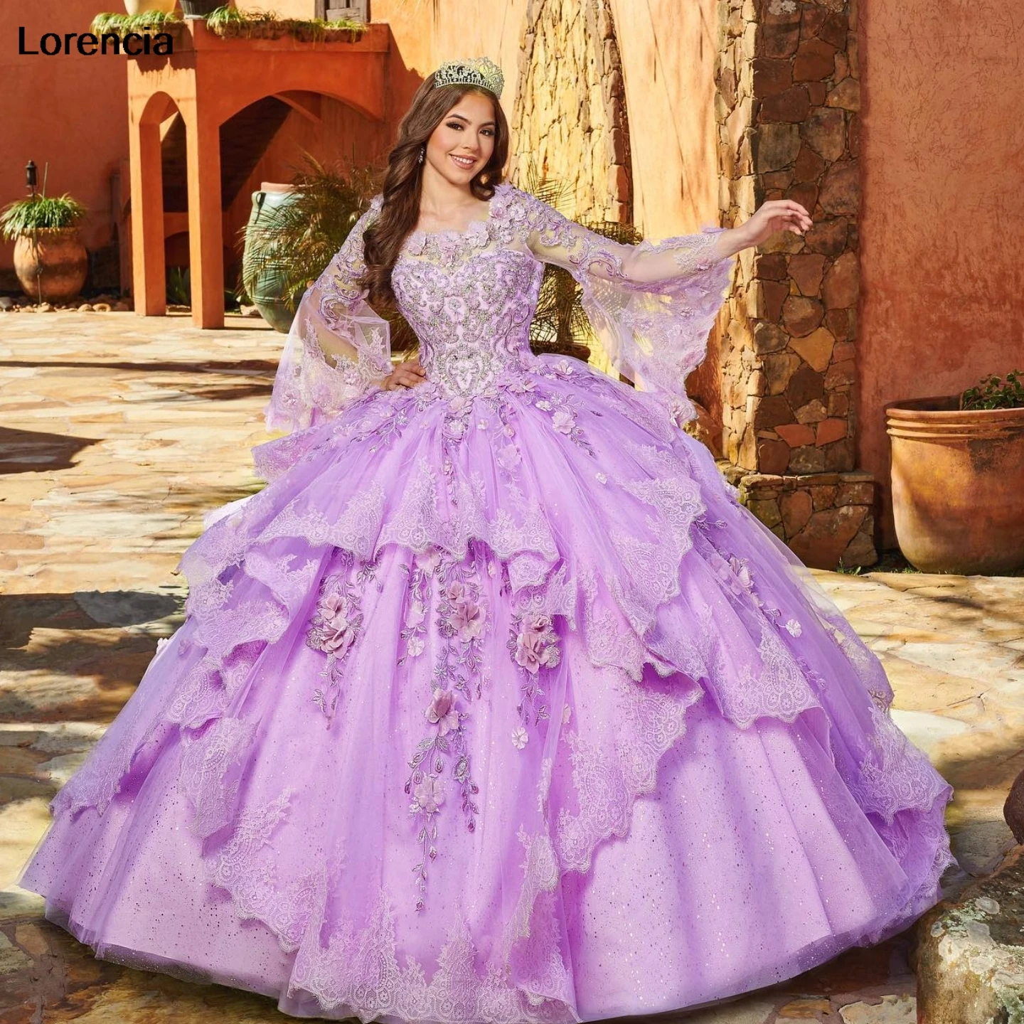 

Lorencia 2024 Lavender Quinceanera Dress Ball Gown Lace Applique Beaded Tiered Long Sleeve Sweet 16 Vestidos De 15 Años YQD829