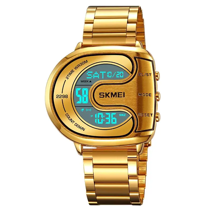 ساعة SkmeiNew للرجال، ساعة إلكترونية عصرية على شكل خاص، متعددة الوظائف، مضيئة مقاومة للماء