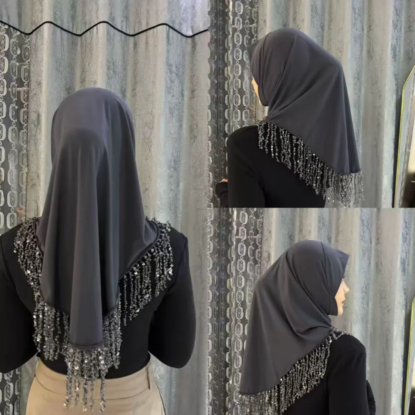 

Muslim Ready-to-Wear Hijab with Instant Tassels Shawl Diamond Detailing Women's Fashion Headwear