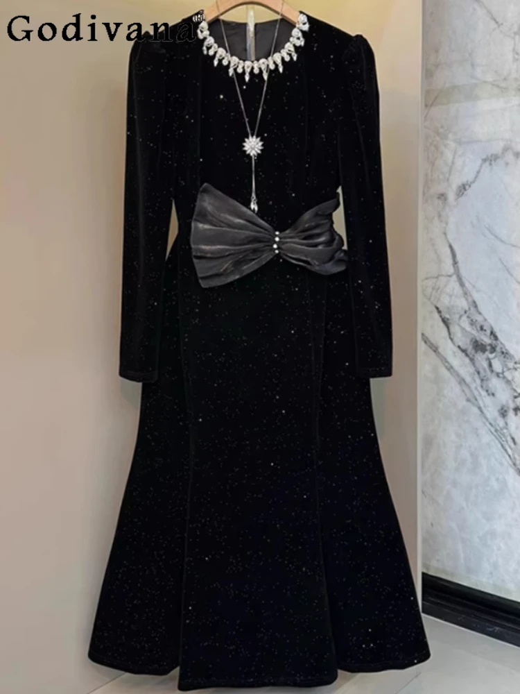 

Большой размер, женское европейское тяжелое промышленное черное платье с милым бантом, модные бриллианты, круглый вырез, универсальные свободные платья с длинными рукавами